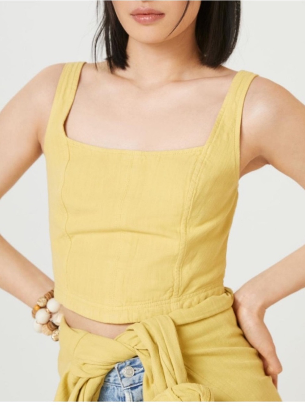 Pilcro Bustier Top Linen Blend Smocked Back Chartreuse Yellow, Women's XS